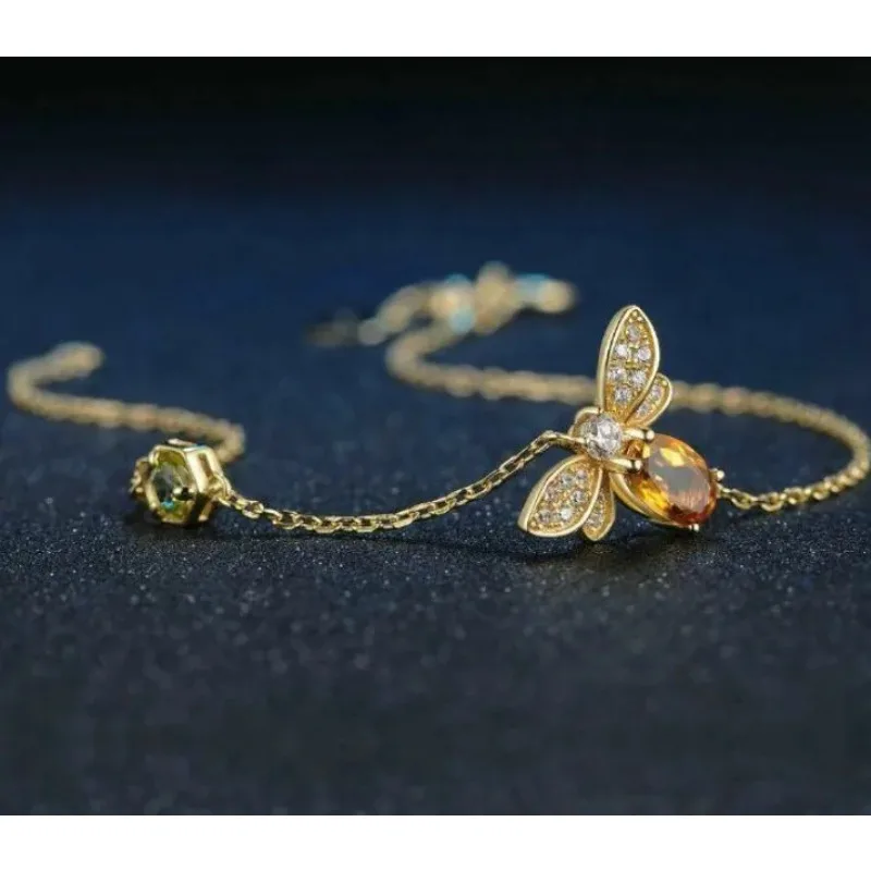 

925 Silver Natural Yellow Crystal Bee Bracelet Citrine Chain Fashion Charm Amulet Gifts for Women Men