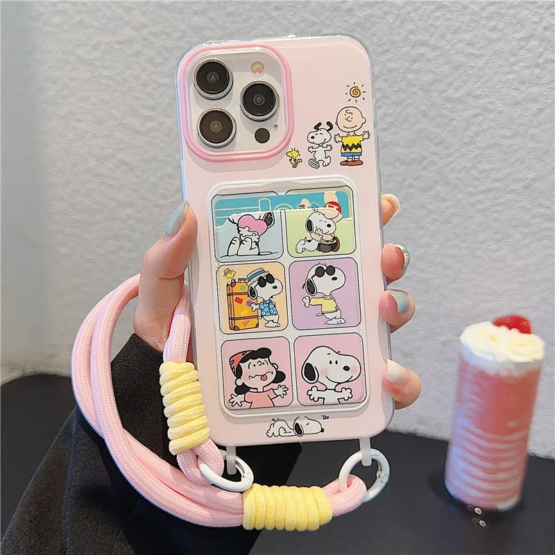 

Snoopy Charlie Brown Lucy Pocket card Phone Case for iPhone 15 14 13 12 11 16 Pro Max 16Pro With Lanyard Cover Funda