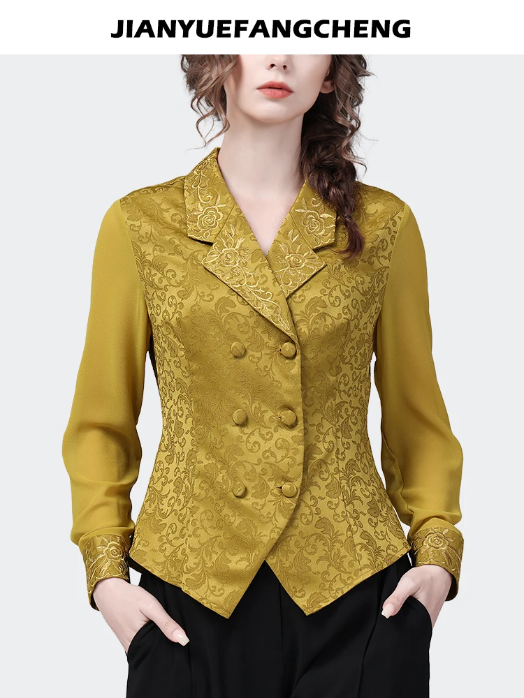 Elegant Suit Collar Women Long Sleeve Satin Embroidered Shirt With Chiffon Sleeves Retro Casual Spring Summer Tops And Blouses