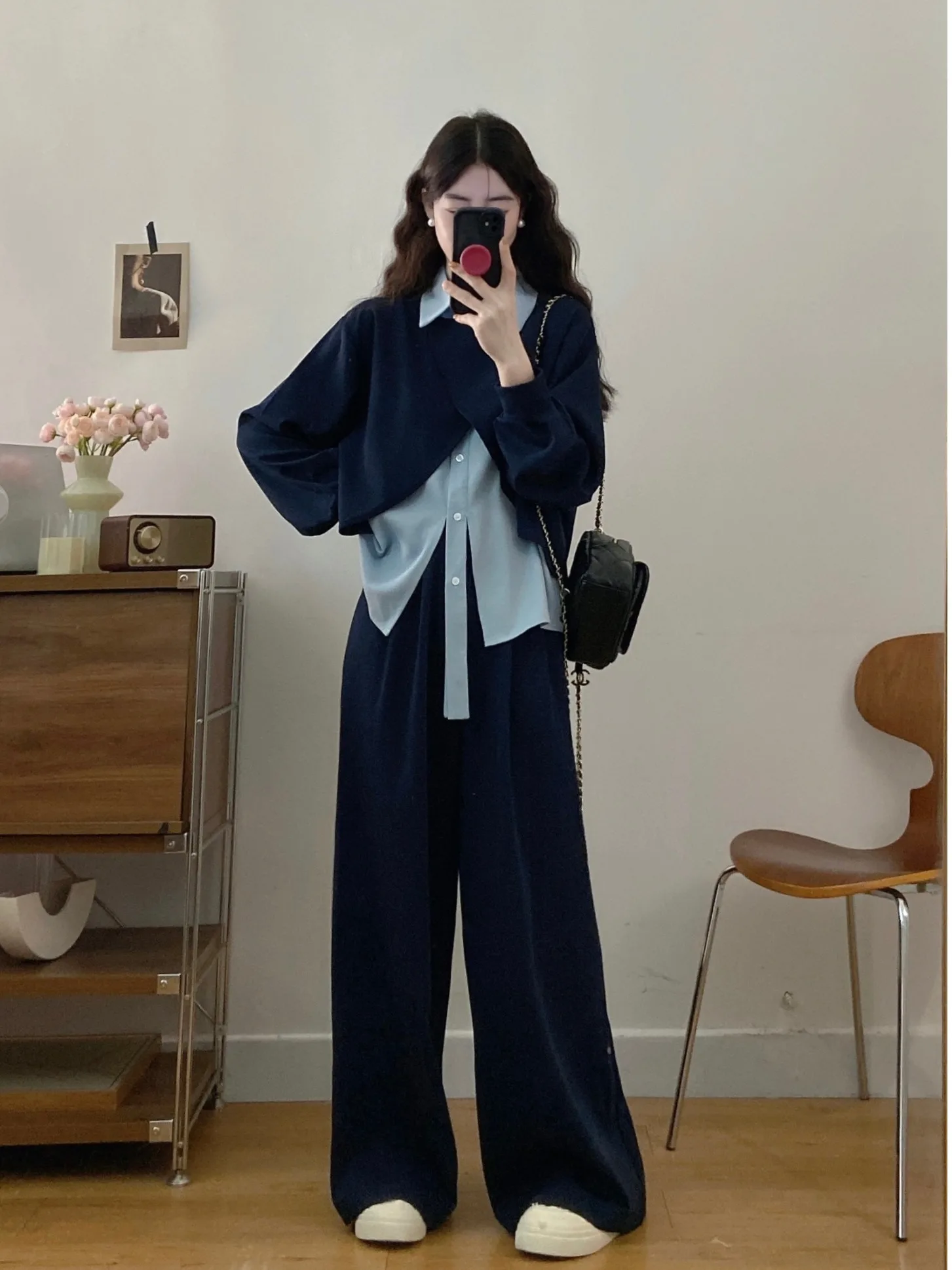 

plus Size Women's Retro High Waist Straight Leg Pants Set irt Top Fake Two-Piece Autumn New Sle Faion plus Size Outfits