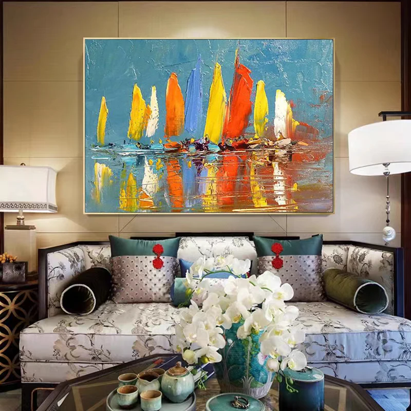 Custom Color Sailing Living Room Background Wall Hanging Painting Abstract Oil Painting Blue Canvas Painting Thick Texture