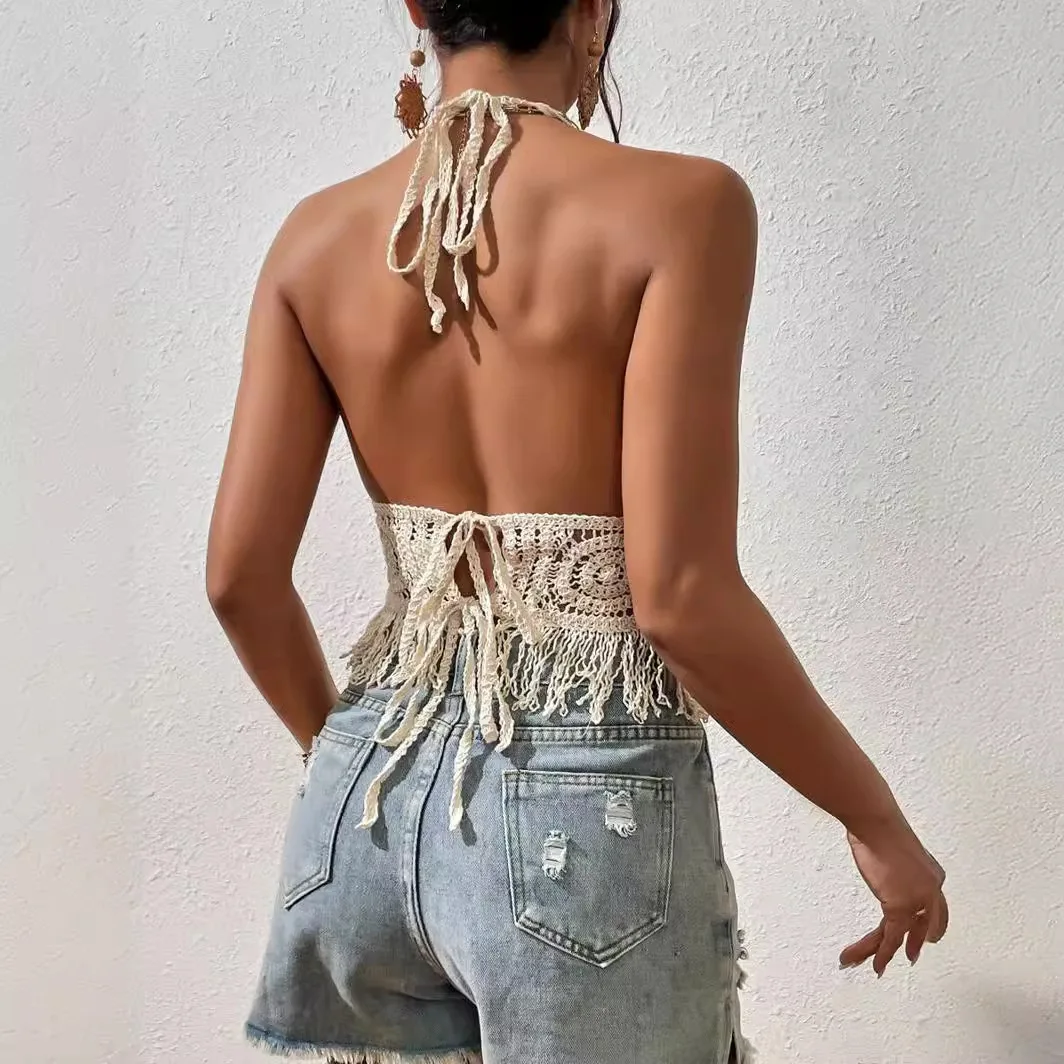 Kobiety Summer Beach Boho Crop Tops Sexy Y2K Knitted Backless Hollow Out Tank Tops Crochet Tassels Hem Halter Bras Bustier Top