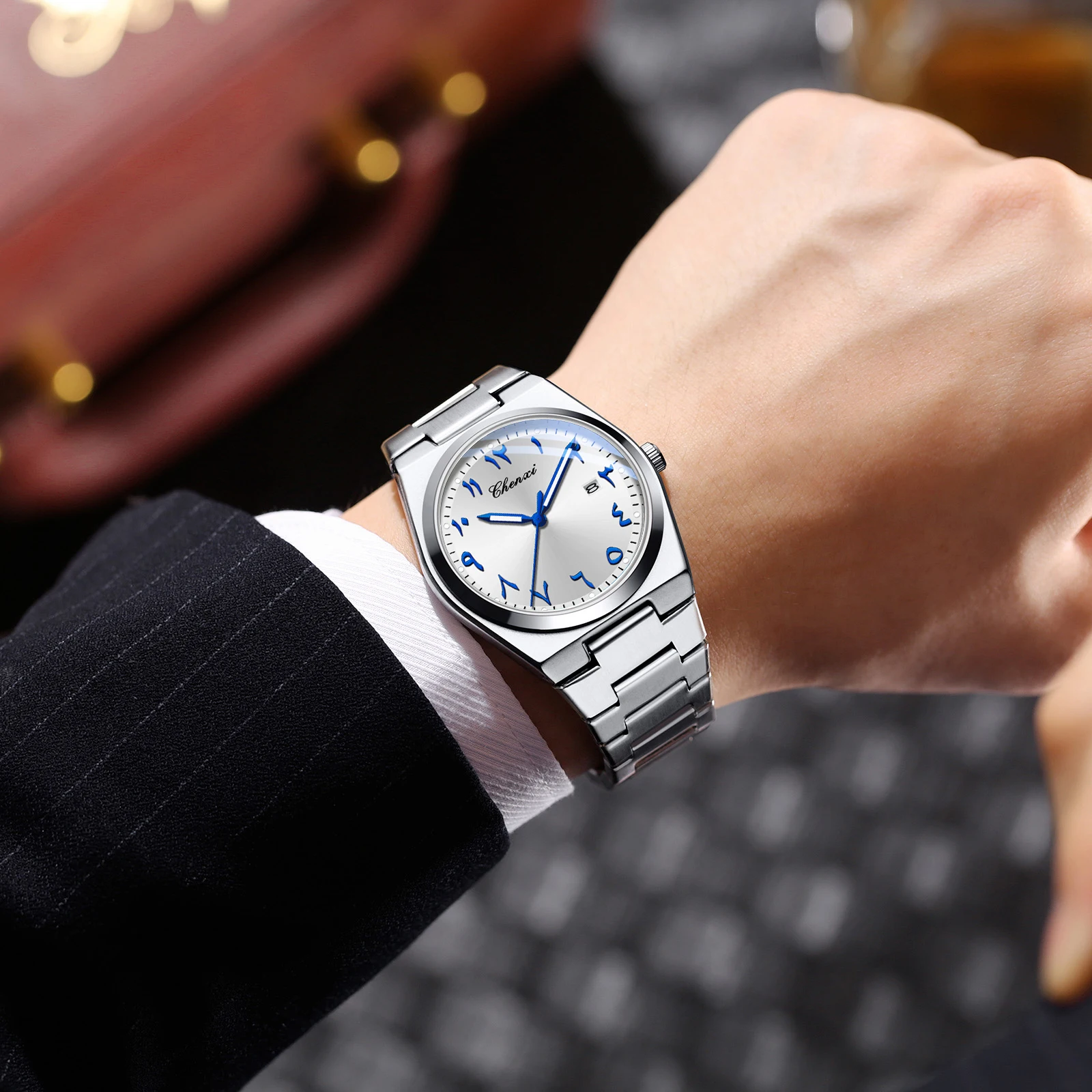 첸시 패션 남성용 쿼츠 시계 스틸 방수 야광 크로노그래프 날짜 스테인리스 스틸 손목시계 스타일리시한 일상 착용용
