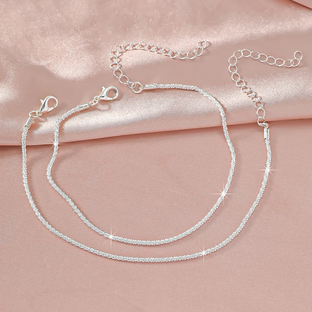 1/2PCS Shiny Sparkling Simple Silver Color Anklet for Women Simple Elegant Copper Jewelry Female Beach Ankle Bracelet on Foot