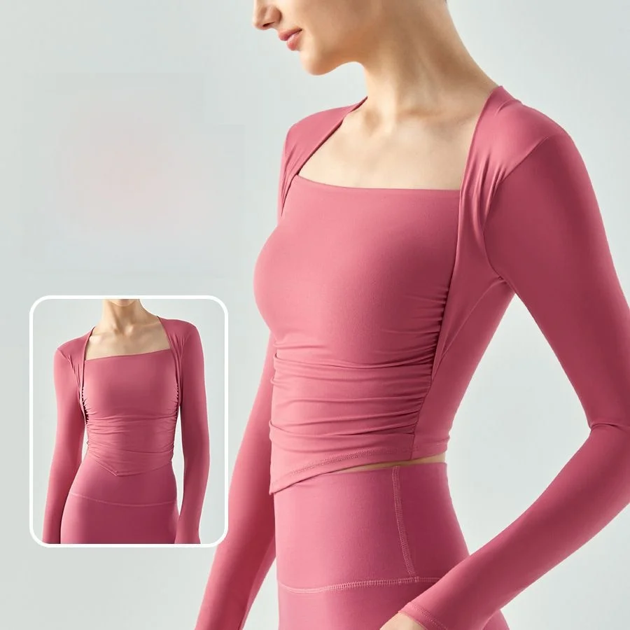 

Женский искусственный двухсекционный топ для йоги и фитнеса с длинными рукавами, полуфиксированная чашка, плиссированная облегающая дышащая спортивная футболка для бега