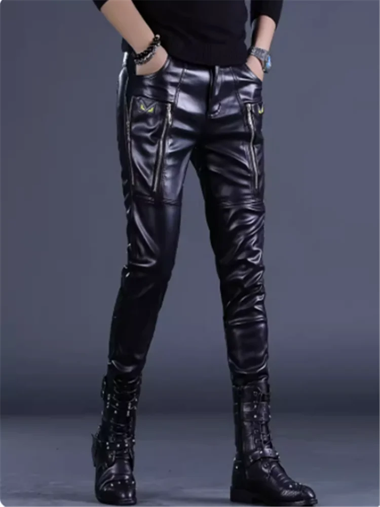 2023 Winter men's thermal leather pants stage show pants Motorcycle rider delivery rider windproof pants