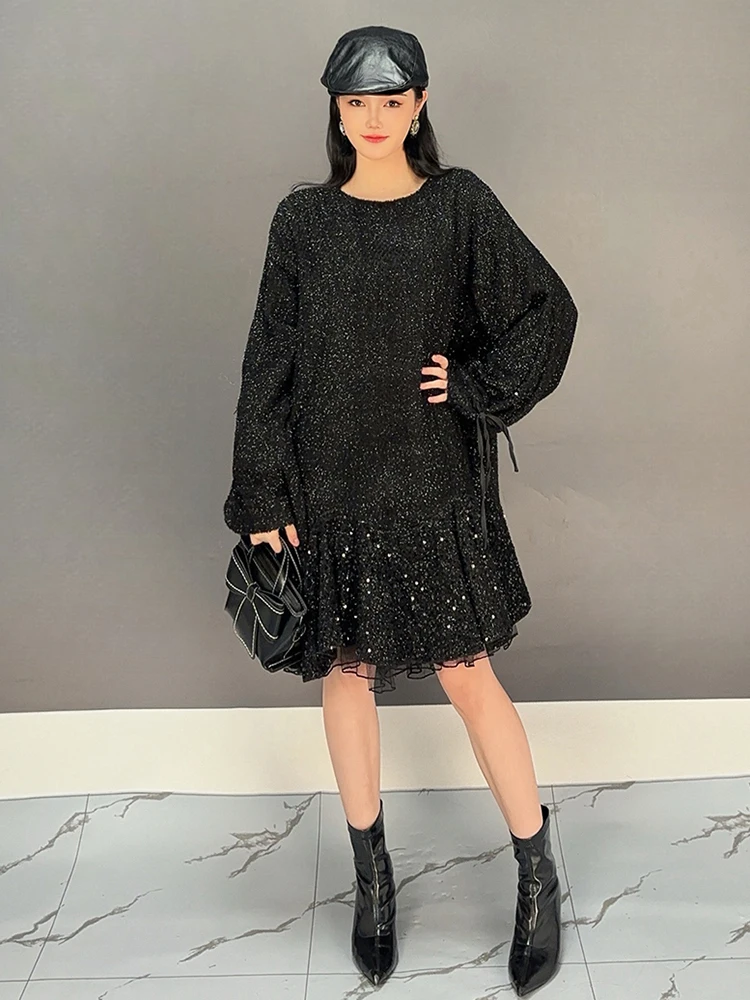 SHENGPALAE Fashion Sequins Dress Women A Line Round Collar Full Sleeve Chic Style New 2024 Temperament Short Dresses 5C1609