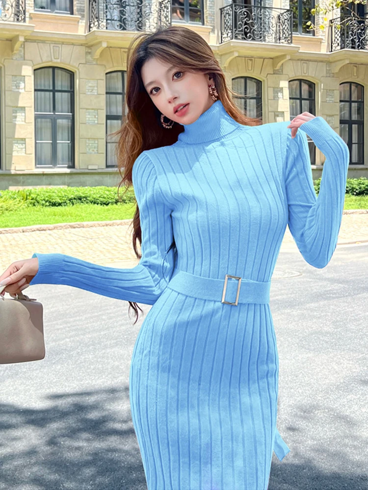Women Street Clothes Sweater Casual Knitted Simple Solid High Neck Belt Skinny Bodycon Stretchy Dress Elegant Lady Vestidos New