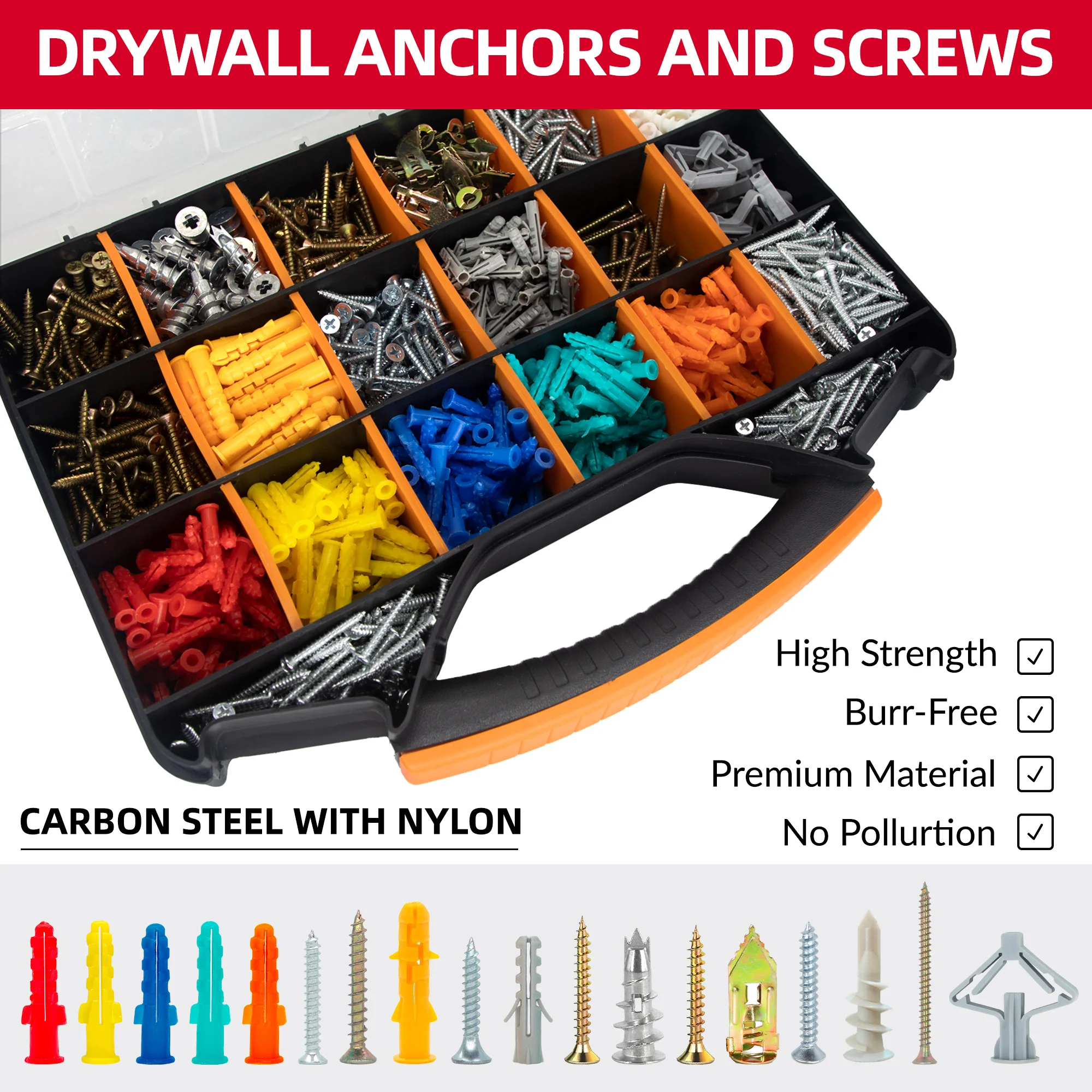 

AIMUNOK 1120PCS Drywall Anch/Scr Kt w/Case, CS/Nyl MultiSz 4 Wall (Gyp/Wd/Brk), Ezy Inst, Corr-Res-Burr-Free-Hi-Str Hdw