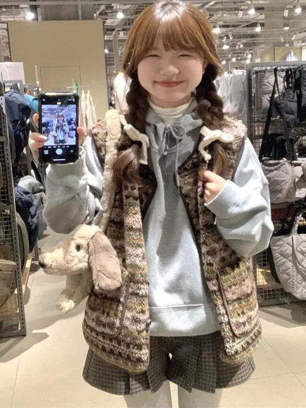 

Retro Floral Knitted Vest Outerwear Women's Winter Loose Svel Two-Sided Layering Trendy Commute Sle ort Length