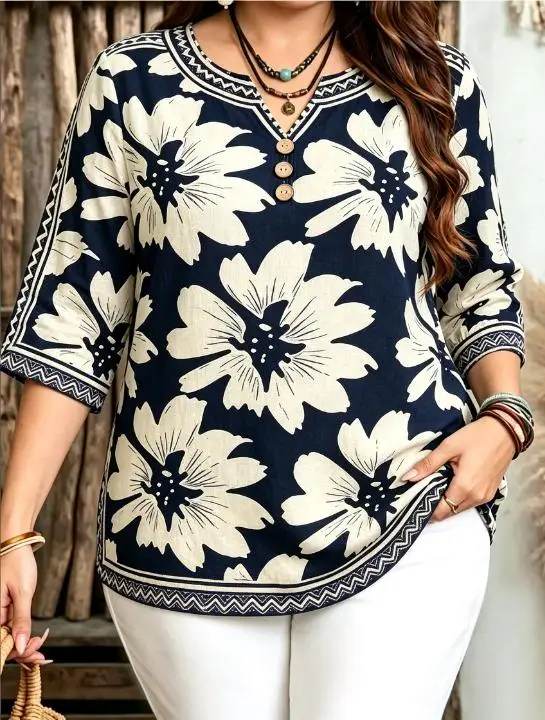 Vintage Big Flower Print Blouses Ethnic Geometric Trim Notch V Neck 3/4 Sleeve Cotton Women Shirts