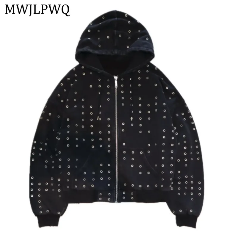 

MWJLPWQ Уникальная осень 2022, новая толстовка с металлическим дизайном и отверстиями, мужская уличная модная кардиган на молнии, повседневная толстовка с капюшоном 11528