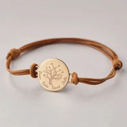 Personalize Engraved Kids Names Bracelets Tree of Life Inscription Adjustable Rope Bangle Gifts for Mom Stainless Steel Jewelry