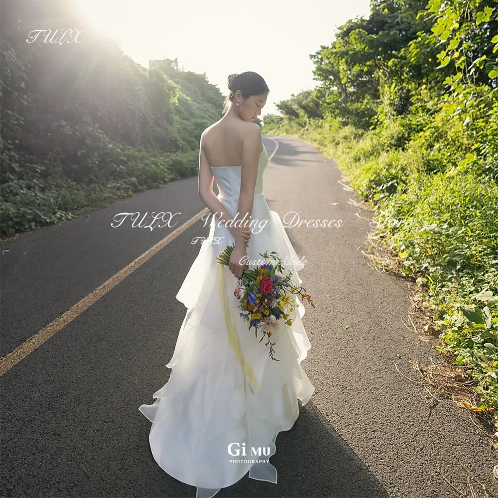 

TULX Elegant Strapless Satin Korea Wedding Photo Shoot Dress Mermaid Long Organza Bridal Gowns Corset/Zip Back 웨딩드레스 Custom Made