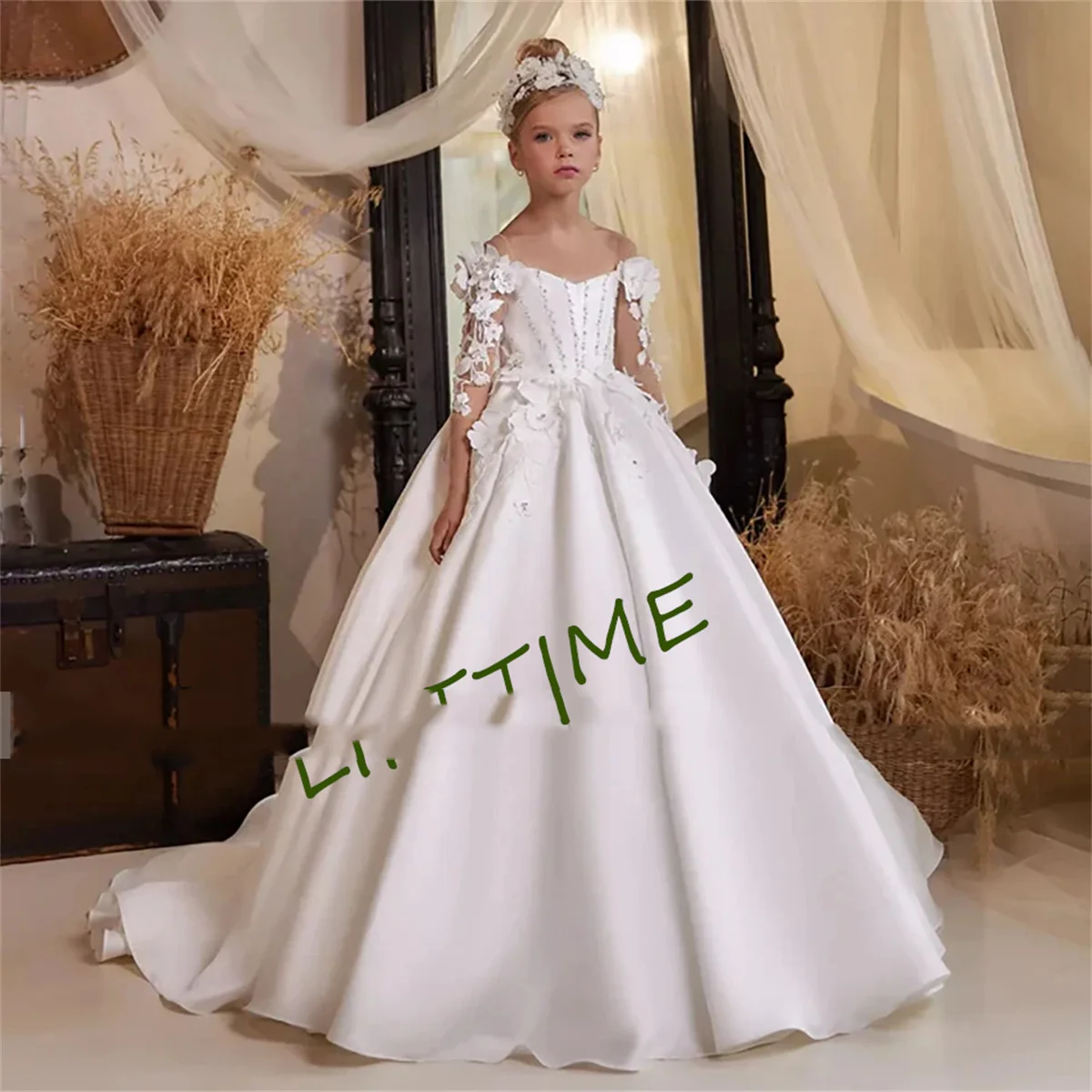 Luxury White Satin 3D Floral Appliques Flower Girl Dress For Wedding 2024 Sparkly Sequined Long Sleeves First Communion Gowns