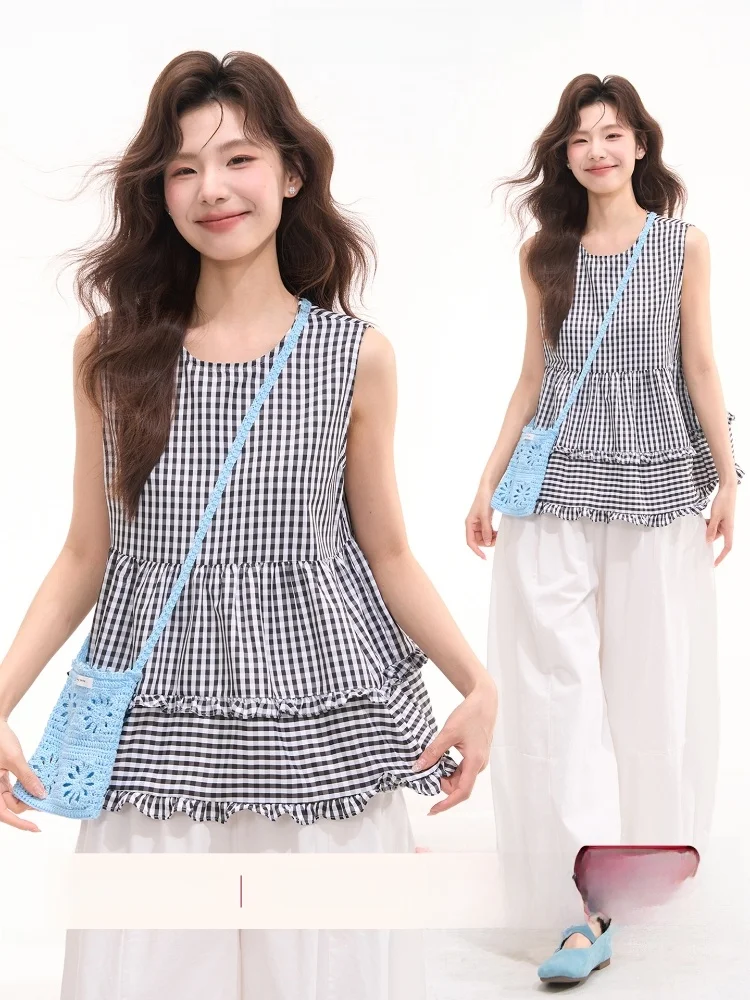

Heme Korean Style Lace Trim Sleeveless Shirt Vest Women's Summer Fashion Ageless Cotton Blend round Neck Mid-Length Top