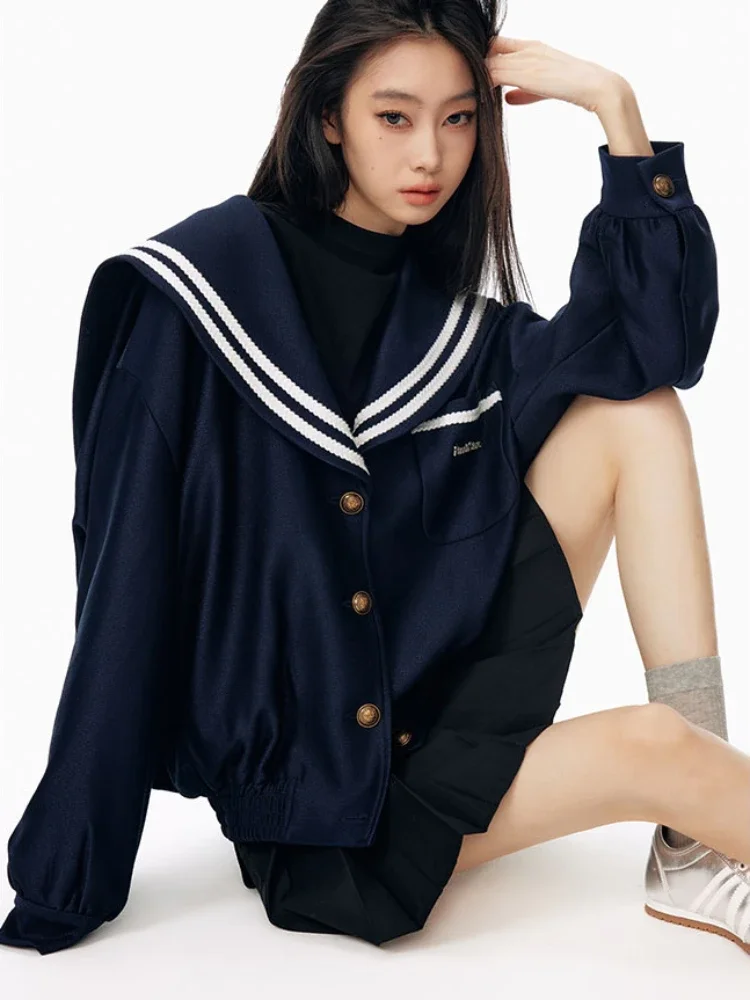 ADAgirl Vintage Sailor Collar Jacket Women Patchwork Long Sleeve Oversize Coat Preppy Style Uniform Old Money Aesthetics Outfits