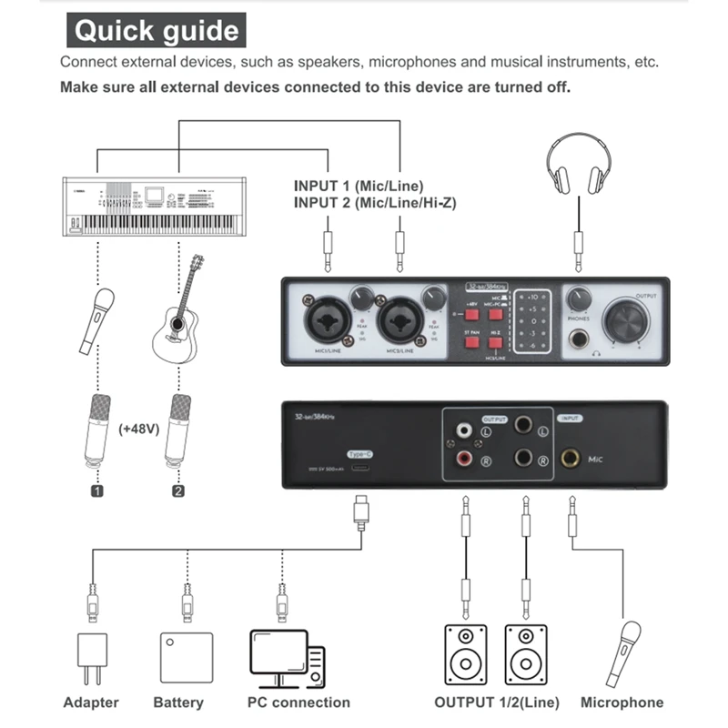 2 In 2 Out USB Audio Interface 32Bit/384KHZ Studio Kit Record Professional Sound Card 48V Phantom