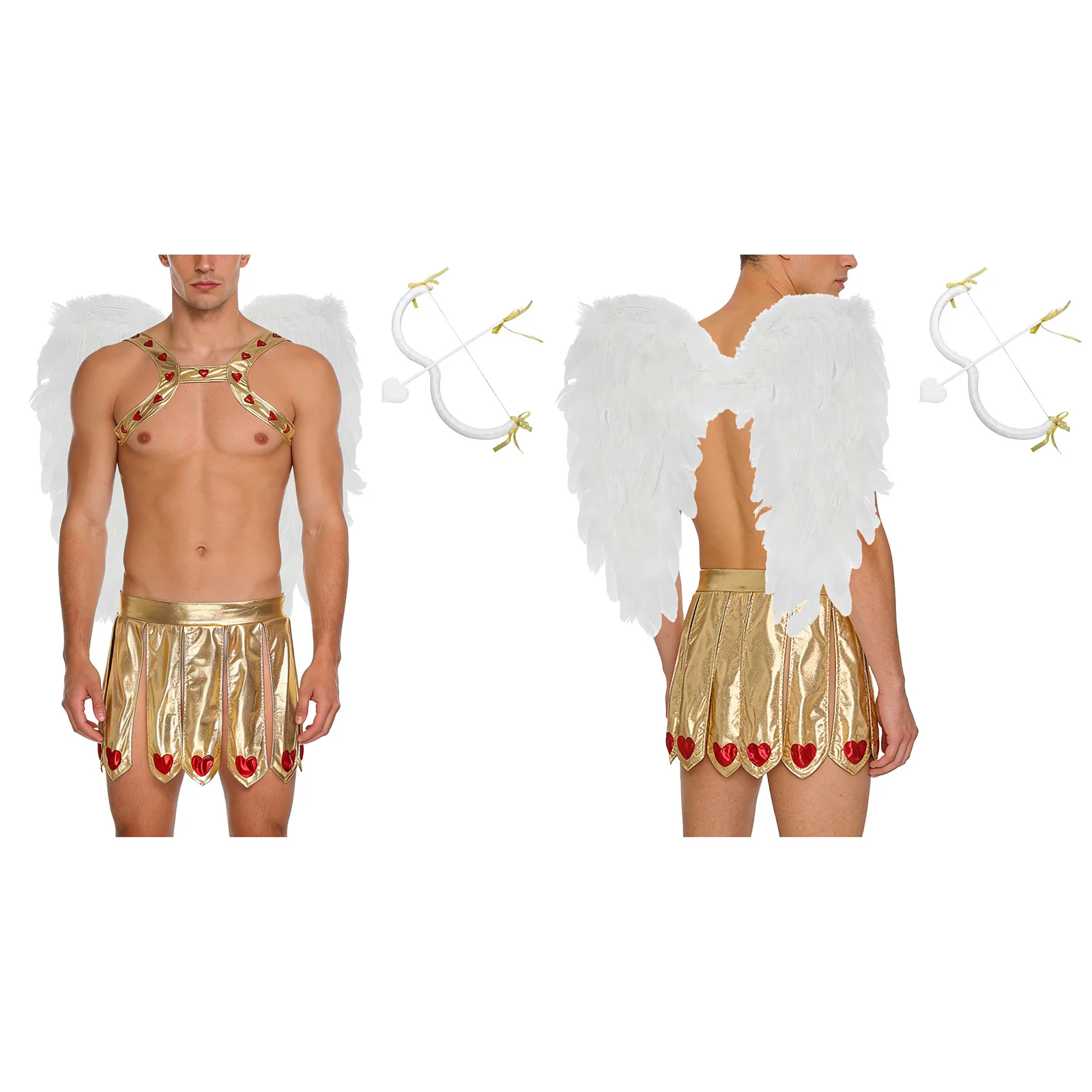 

Men Carnival Cupid Prince Cosplay Outfits Chest Harness And Slit Skirt with M-shaped Bow Heart Arrow And Feather Wings Sets