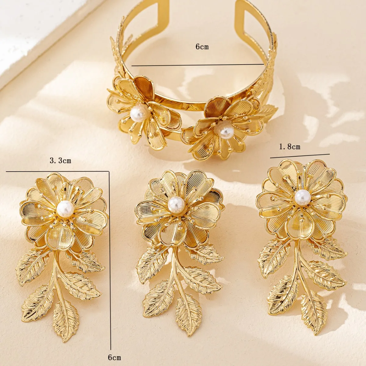 1 set of retro imitation pearl flower bracelet ring stud earrings set women's niche design jewelry