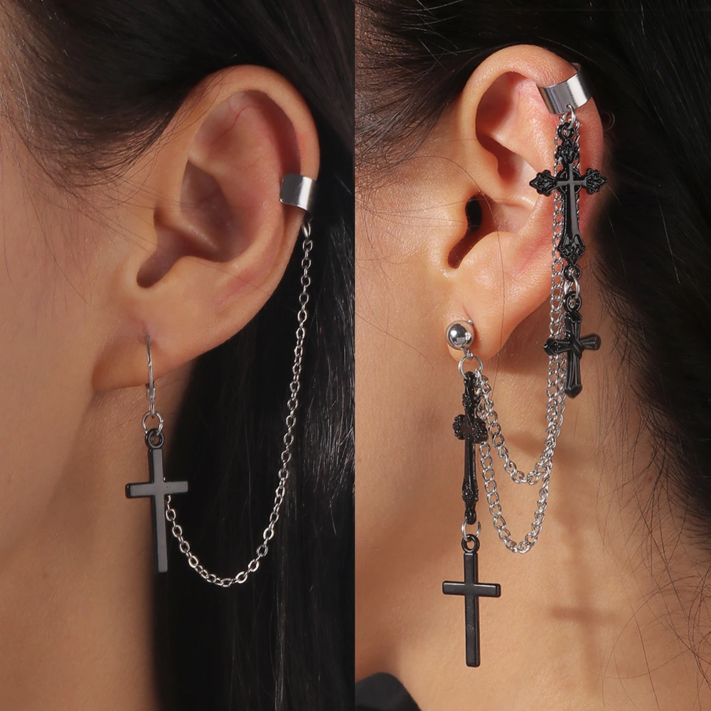 Aihua-pendientes de borla de Cruz Negra Punk para mujer, pendiente de Clip, joyería de Hip Hop gótica cristiana, cadena de Metal, pendiente de anillo de oreja, 1pc