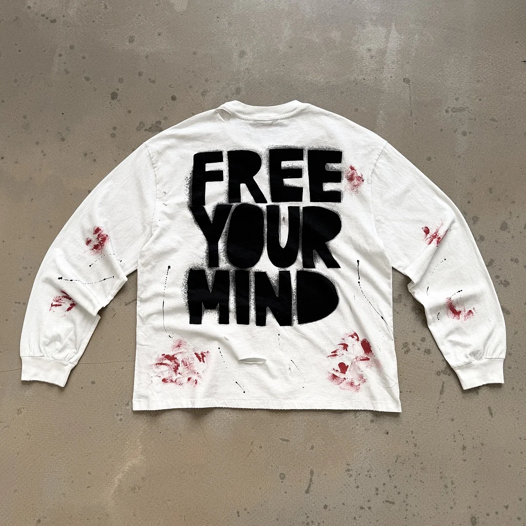 Best Quality SAINT Street Dirty Printed Women Men L/S T shirts tees Free Ur Mind Men Washed Destory T shirts