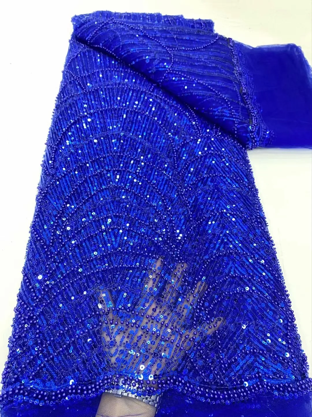 

(5yards/pc) High quality beaded African wedding tulle lace royal blue sequins beads embroidered French net lace for dress FDP093