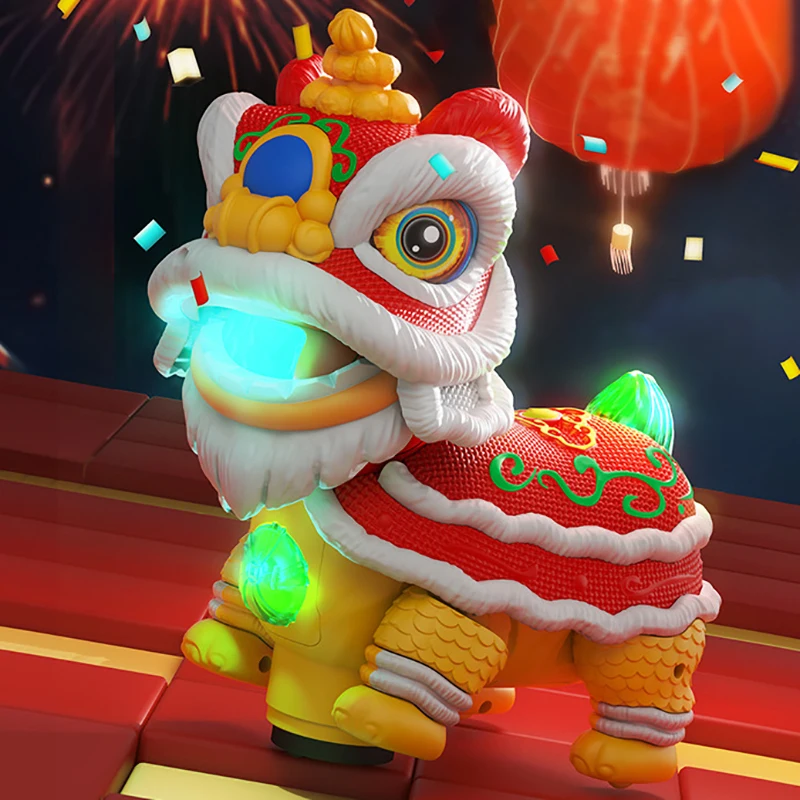 Chinesisches Löwentanzspielzeug, elektrischer Löwentanz mit Lichtern und Musik, lustiges Löwentanzspielzeug mit schüttelnden Köpfen für Kinder