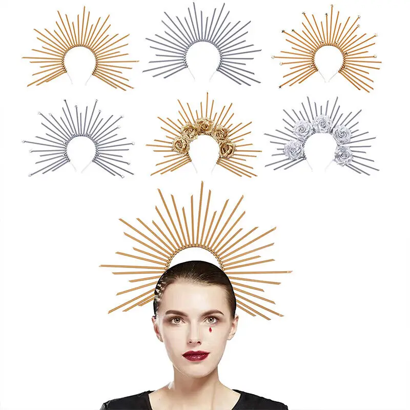 Gold Mary Crown Halo Headband Halloween Goddess Fancy Dress Costume Women Ghost Festival Party Cosplay Headwear Headdress