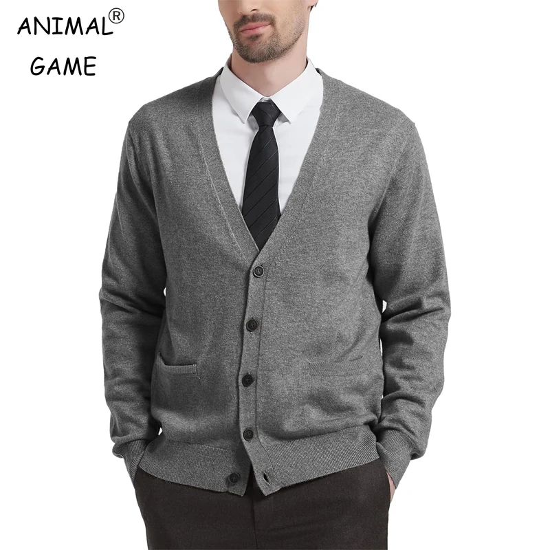 

Мужской свитер-кардиган, винтажный вязаный свитер на пуговицах с v-образным вырезом и длинными рукавами и карманами, легкая однотонная верхняя одежда