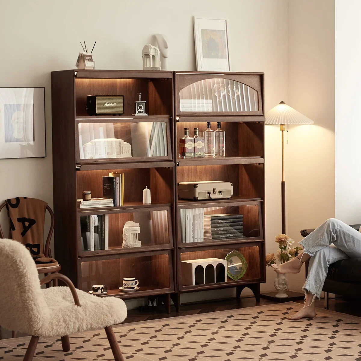 Retro black walnut solid wood bookcase, living room dust-proof glass figure display cabinet, storage cabinet