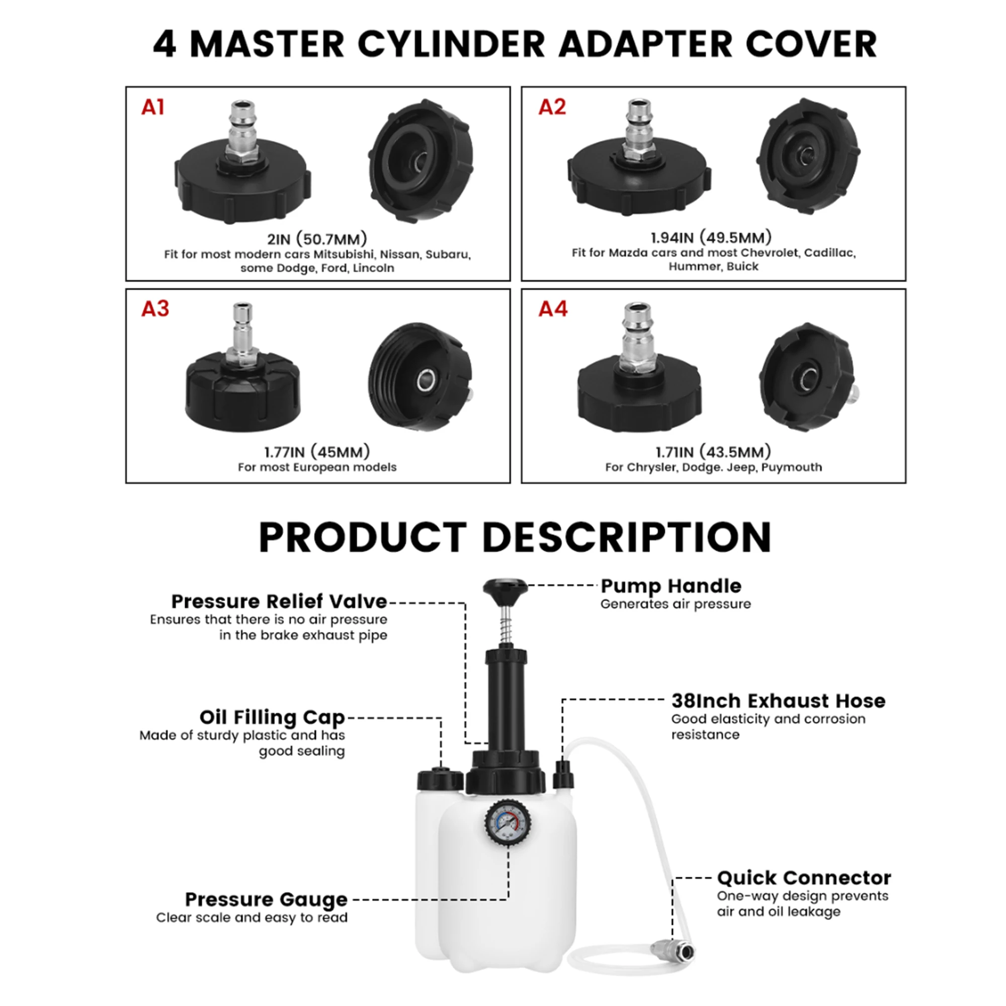 Brake Bleeder Kit with 3L Pressure Pump 1L Waste Bottle & 4 Upgraded Adapters Manual Brake Fluid Bleeder Tool for Most Vehicles