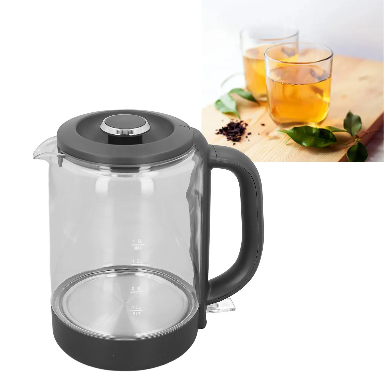 Chaleira elétrica de vidro para chá, 1,5l, água quente, bule, aquecedor, desligamento automático, anti-ebolim seco
