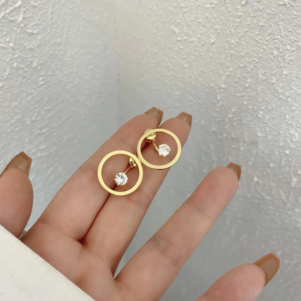 Freetry Simple Geometric Round Zircon Stud Earrings for Women Temperament Stainless Steel Cute Small Earrings Party Jewelry