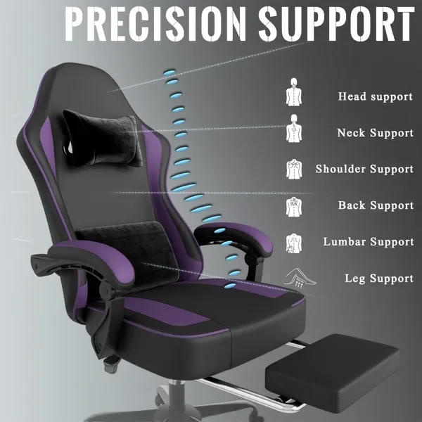 كرسي ألعاب مع وسادة زنبركية للجيب ومسند للقدمين، كرسي مكتب مريح من جلد البولي يوريثان مع مسند رأس قابل للتعديل ودعم قطني