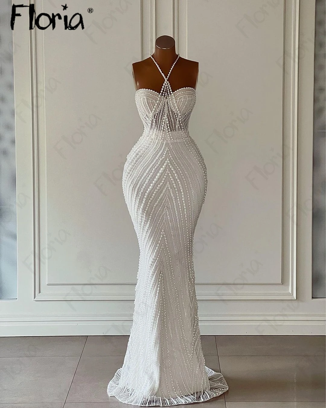 White Pearls Celebrity Dress Sweetheart Sexy Halter Wedding Party Gowns Vestido De Noiva African Engagement Gowns Cocktail Dress