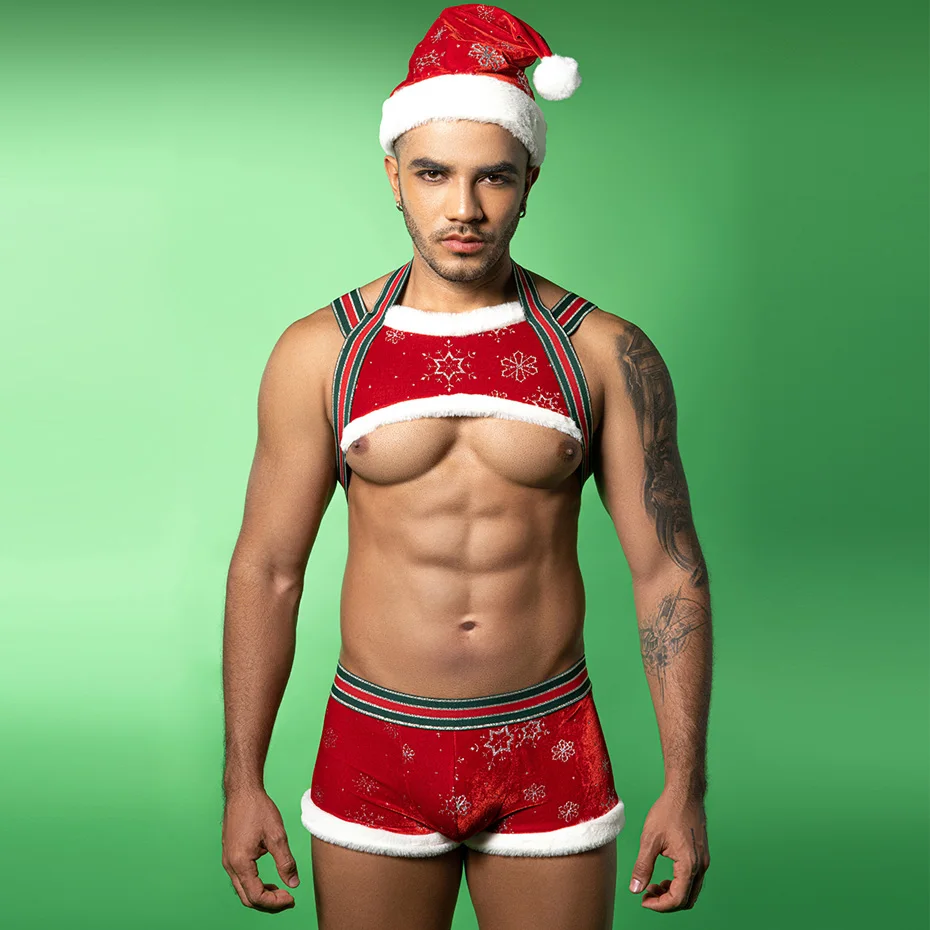 JSY Sexy Christmas Cosplay Lingerie Men Underwear Set Red Harness And Pants Set Bodysuit Nightwear Sexy Role Play Outfit Costume