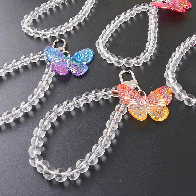 Colorful Acrylic Butterfly Bag Pendant Creative Bead Chain Keychain Y2K Butterfly Beaded Phone Lanyard Wrist Band Camera Charms