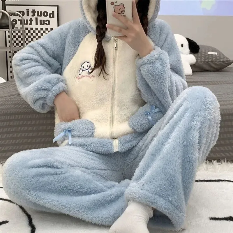 Sanrio Cinnamoroll Plush Zip Up Pajamas Women Autumn Winter Kawaii Sleepwear Hoodie Top And Long Pants Two-piece Set Clothing