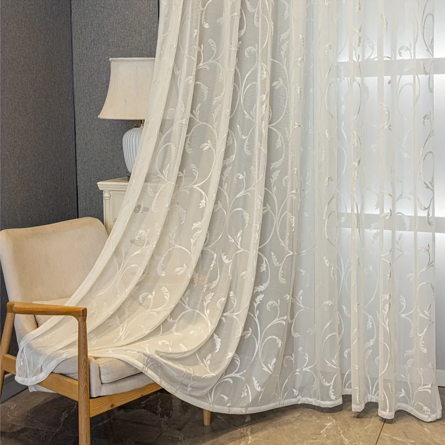 1pc White Vine Embroidered Sheer Curtains, European Luxury Light Filtering Voile, Ready-Made Drapes for Living Room Bedroom