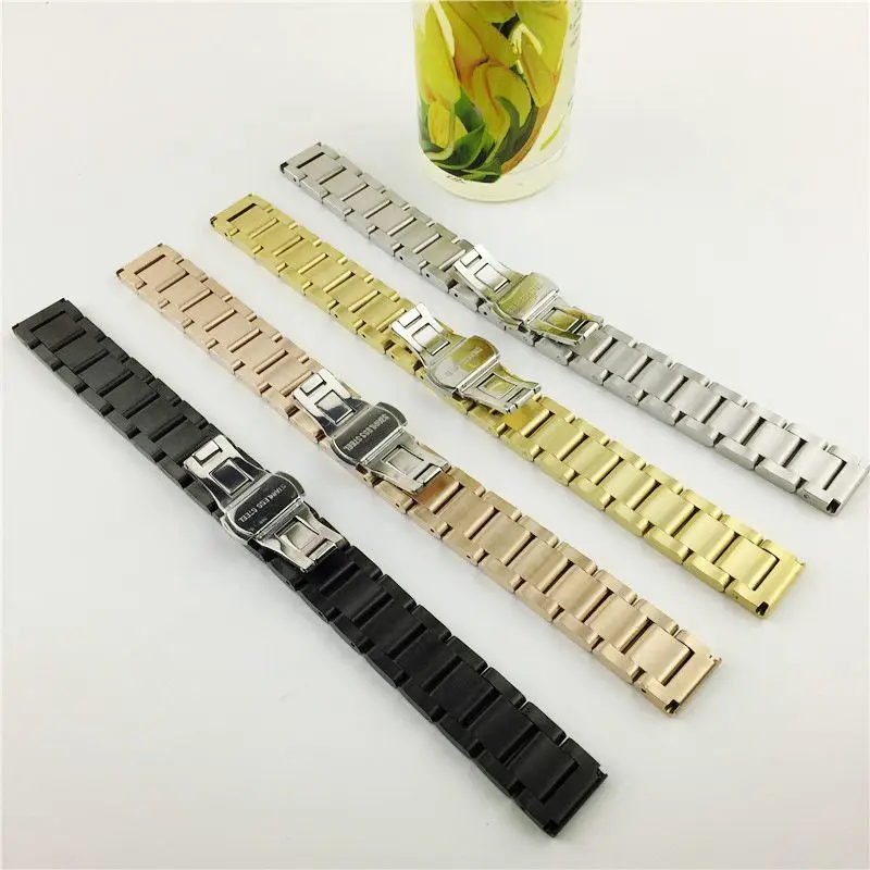 316L Stainless Steel 18mm 20mm 21mm 22mm Universal Straight End Three-beads Butterfly Clasp Watch Strap Band Silver Black Gold