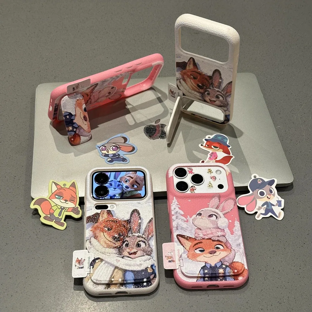 Kawaii جديد ل Zootopia 2 جراب هاتف آيفون 17 17 برو 17 برو ماكس زوجين حافظة هاتف مقاومة للصدمات مع حامل ومرآة عيد الميلاد #1