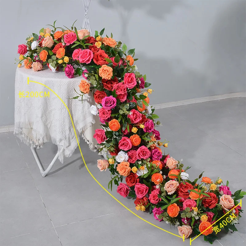 

Uflower Artificial Flower Row 2m Orange Red Strip Wedding Table Runner Rose Hydrangea Flowers Ball Party Floor Backdrop Decor