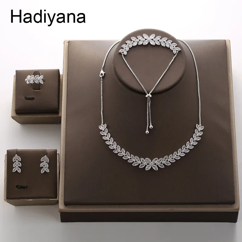 HADIYANA Fashion Leaf Shape Zirconia Designed Choker Necklace Sets For Women New Trenday Wedding Party Jewelry Set TZ8076