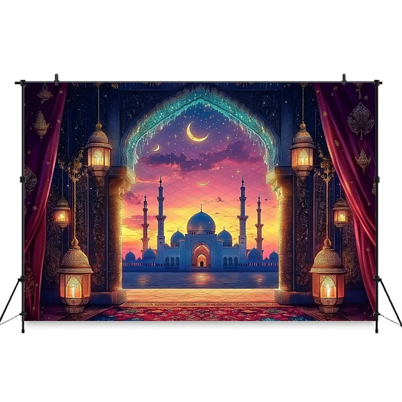 Mocsicka Photography Backdrop Mosque Crescent Moon Arabian Arch Vintage Golden Lantern Curtain Diwali Background Muslim Festival