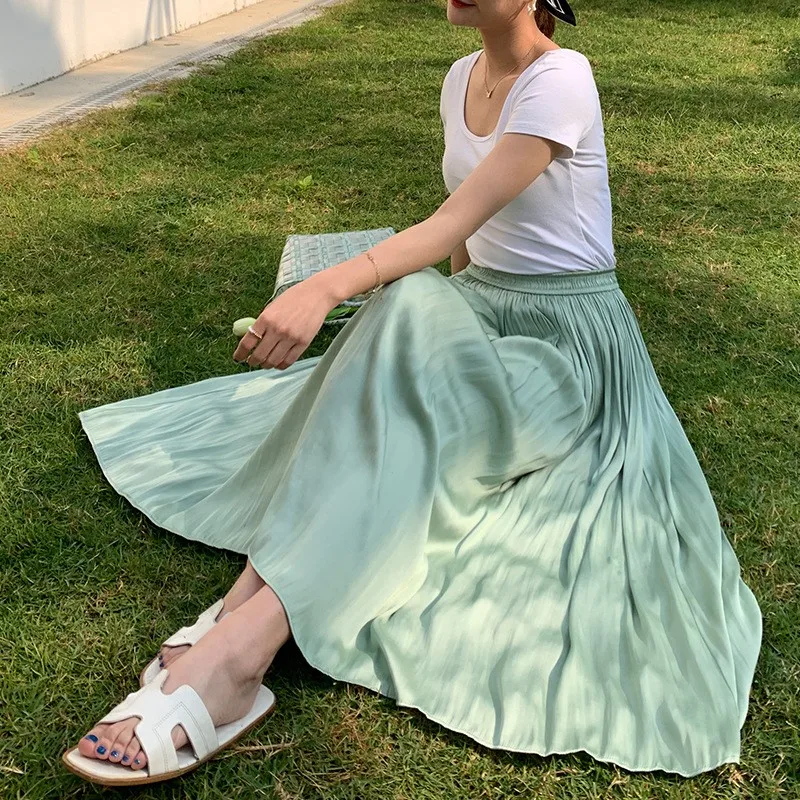 Spódnica o kroju litery A z wysokim stanem, elastyczna, błyszcząca, gładka, z włókna poliestrowego, biznesowa, codzienna, z wysokim stanem, elegancka, nowość na wiosnę i lato.