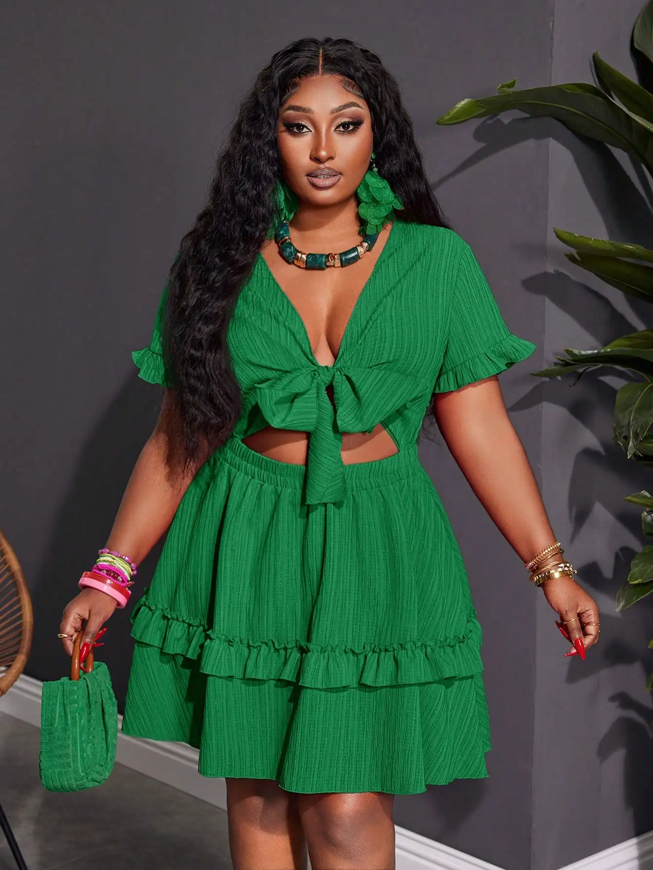 

Women Plus Size Mini Dress Casual Romantic Vacation Outfit Sexy Solid Green Short Sleeve Ruffled Tie-Front A-Line Woven
