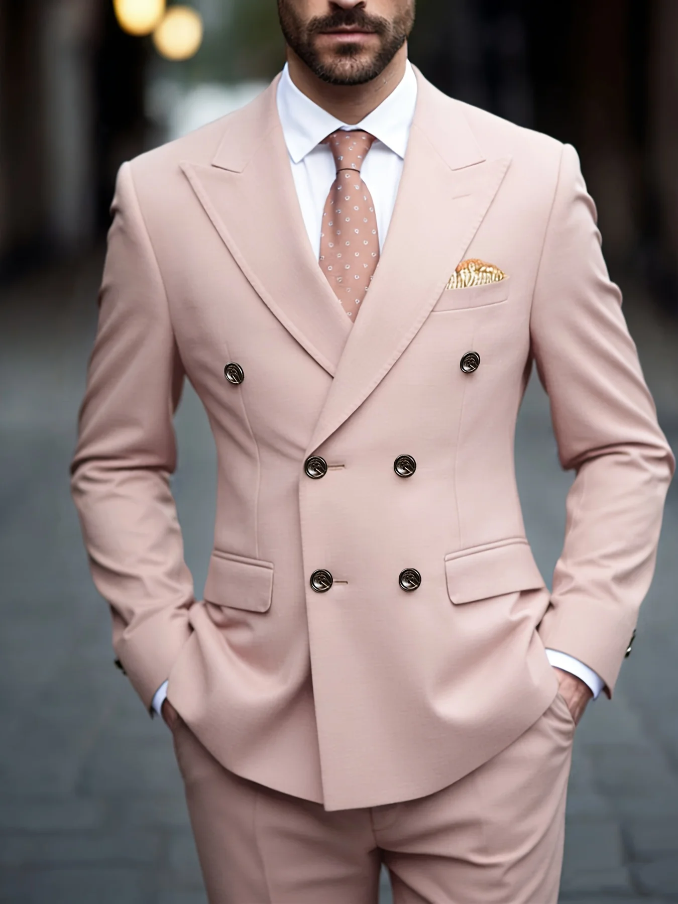 

Мужской роскошный двубортный костюм-двойка цвета пыльной розы – приталенный смокинг для свадьбы, деловых встреч и выпускного вечера