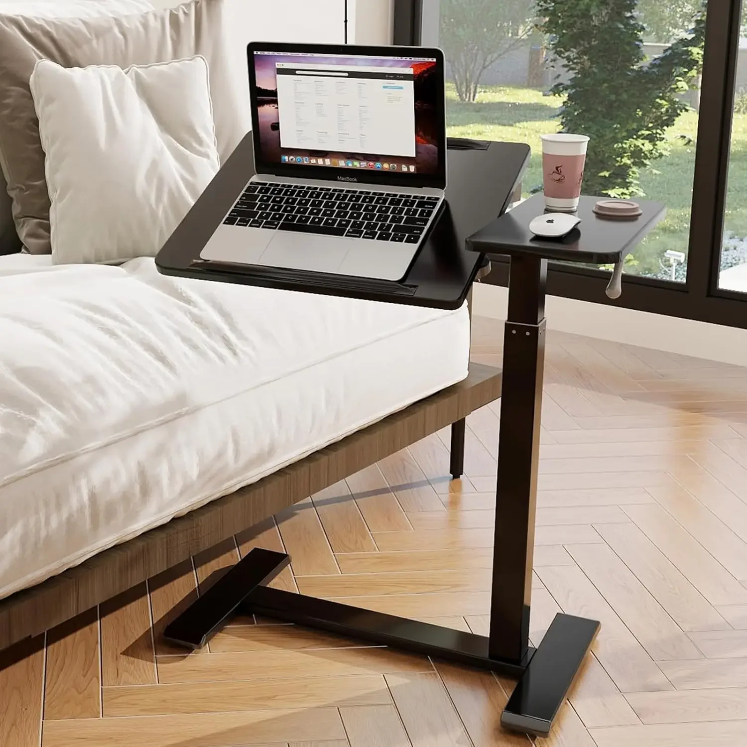 

Adjustable Pneumatic Mobile Overbed Table with Wheels Split Top Tilting Bedside Bed Table with Tray Rolling Laptop Computer
