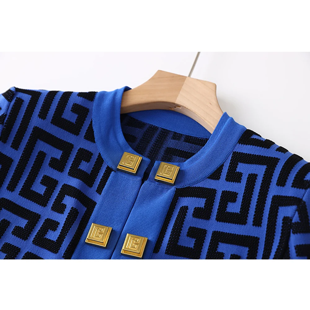 Fall Spring Stylish O-neck European Geometrical Pattern Open Cadigans Knitted Sweater New Design Customized Buttons